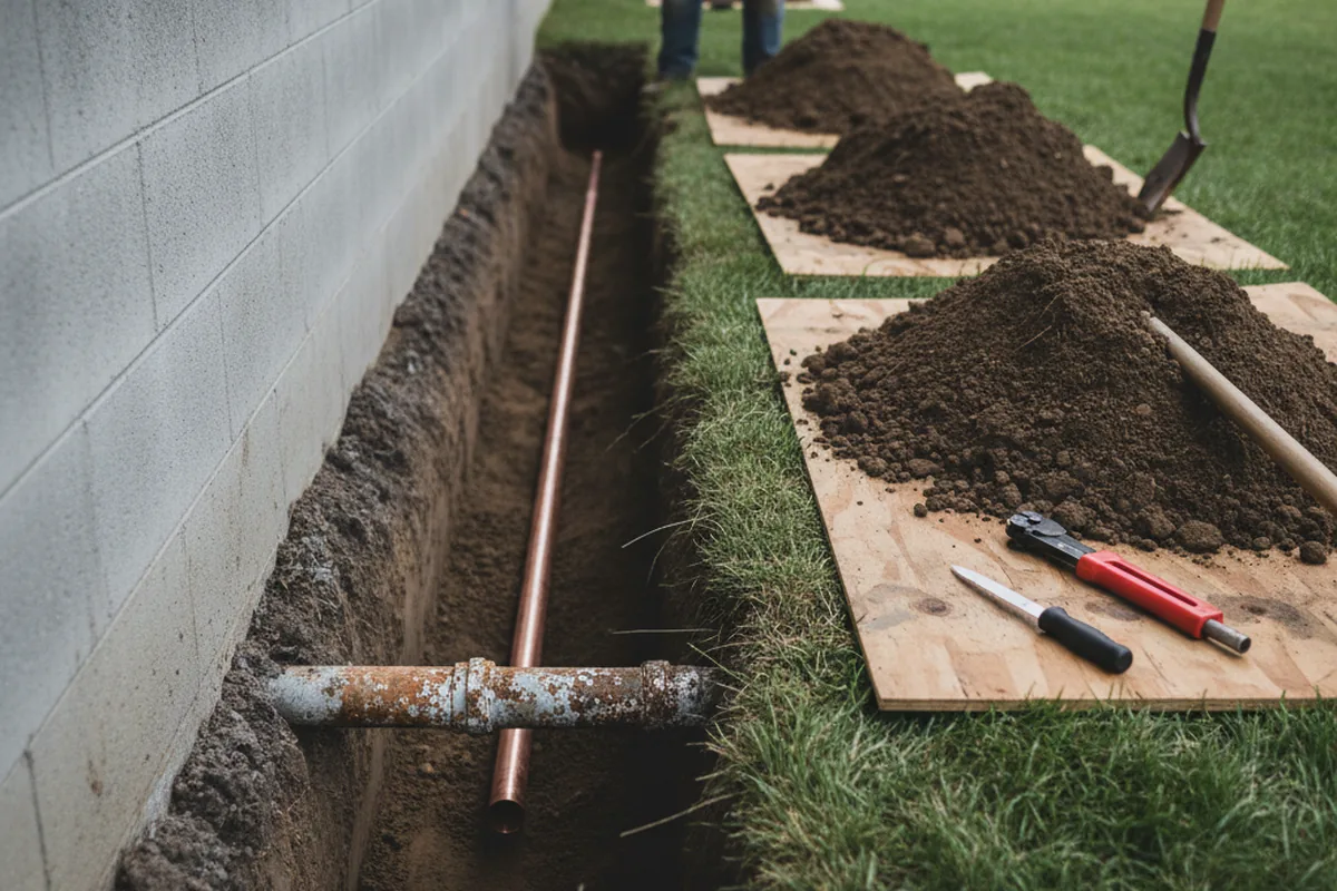 Excavated water line trench during Sewer Line Repair in Inlet Beach